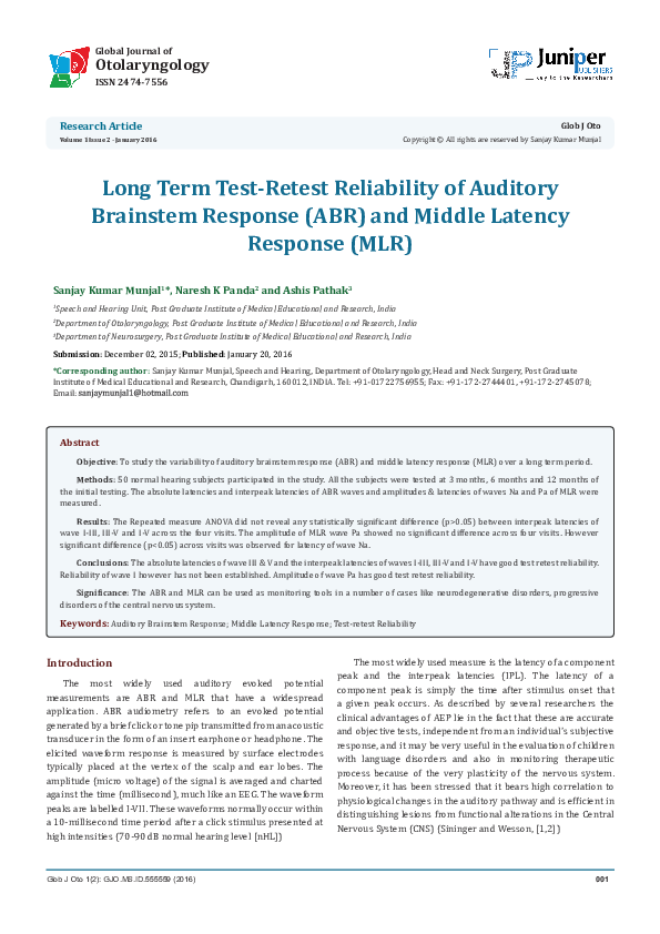 (PDF) Long Term Test-Retest Reliability of Auditory Brainstem Response ...