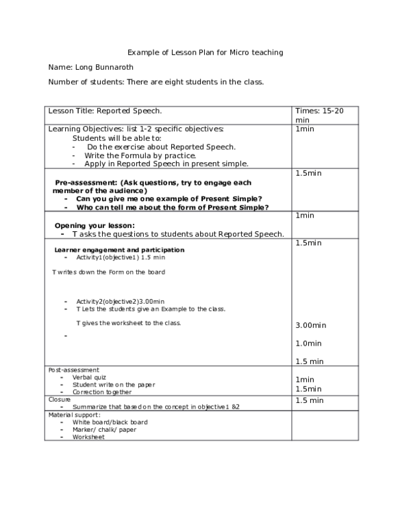 (DOC) Example of Lesson Plan for Micro teaching Pre-assessment: (Ask ...
