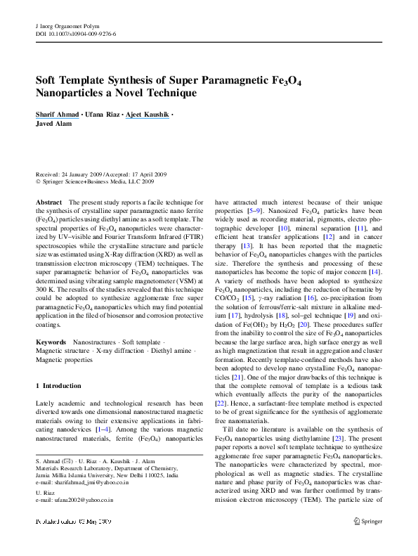 Pdf Soft Template Synthesis Of Super Paramagnetic Fe 3o 4 Nanoparticles A Novel Technique Sharif Ahmad Academia Edu
