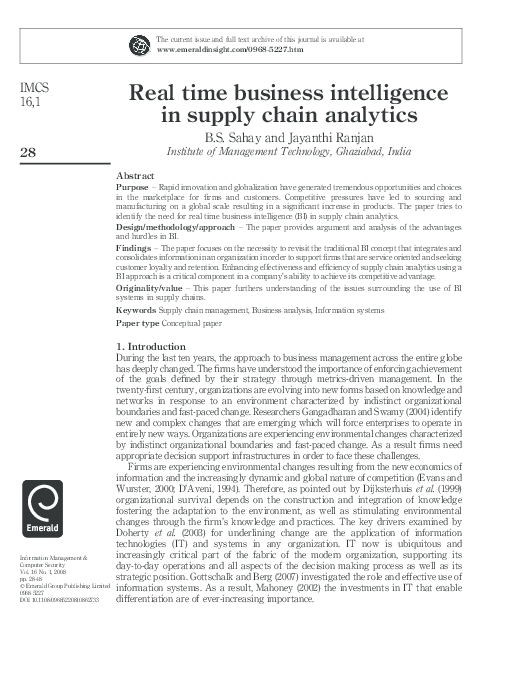 (PDF) Real time business intelligence in supply chain analytics