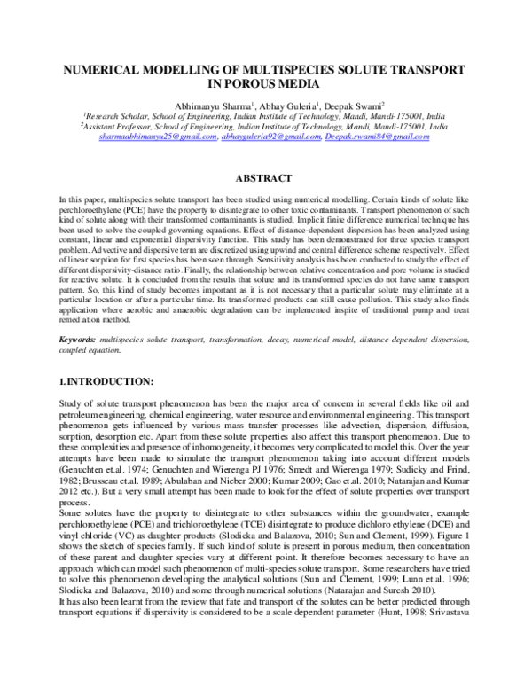 (PDF) NUMERICAL MODELLING OF MULTISPECIES SOLUTE TRANSPORT IN POROUS MEDIA