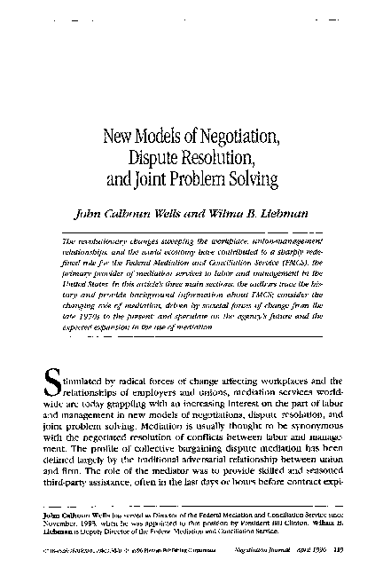 (PDF) New models of negotiation, dispute resolution, and joint problem ...