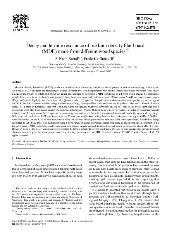 (PDF) Decay and termite resistance of medium density fiberboard (MDF ...