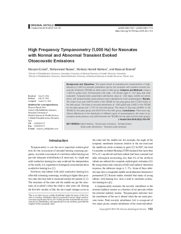 (PDF) High Frequency Tympanometry (1,000 Hz) for Neonates with Normal