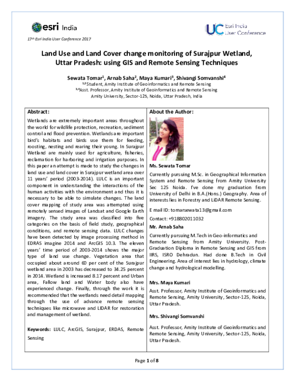 Pdf Land Use And Land Cover Change Monitoring Of Surajpur Wetland