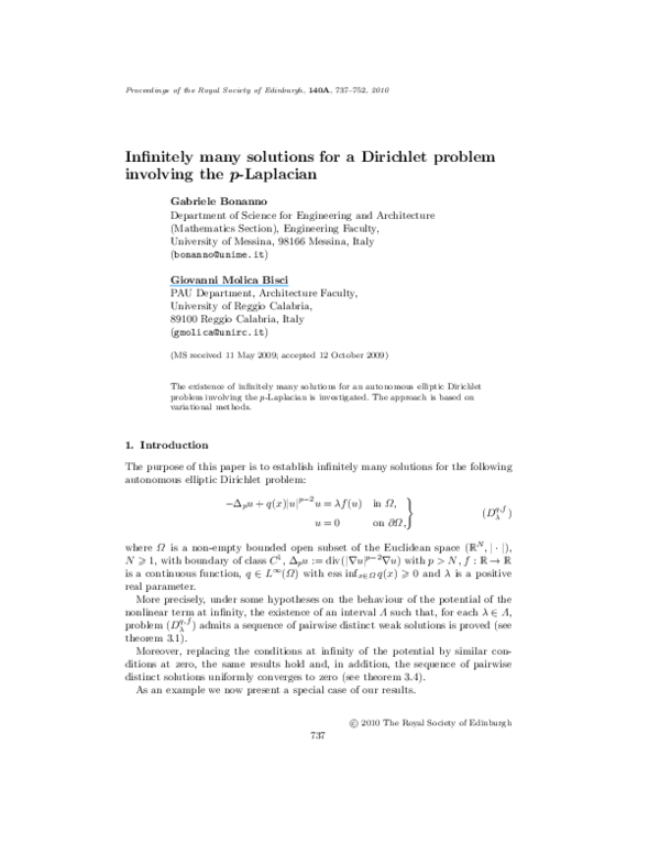 (PDF) Infinitely many solutions for a Dirichlet problem involving the p ...