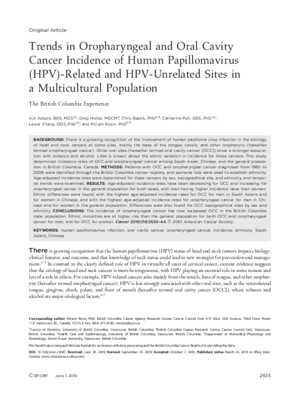 (PDF) Trends in oropharyngeal and oral cavity cancer incidence of human ...