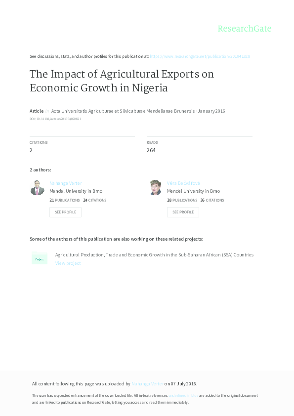 (PDF) The Impact of Agricultural Exports on Economic Growth in Nigeria