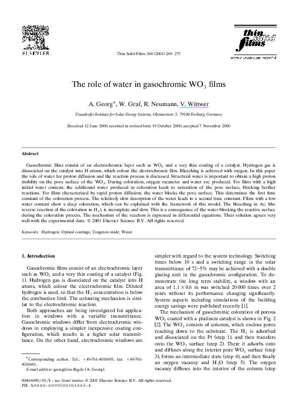 (PDF) The role of water in gasochromic WO3 films