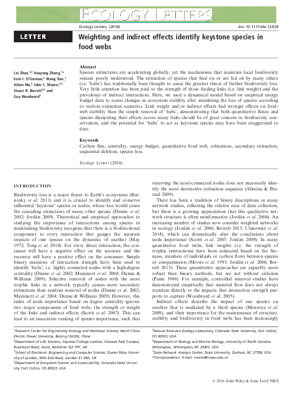 (PDF) Weighting and indirect effects identify keystone species in food