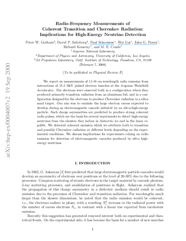 (PDF) Radio-frequency measurements of coherent transition and Cherenkov ...
