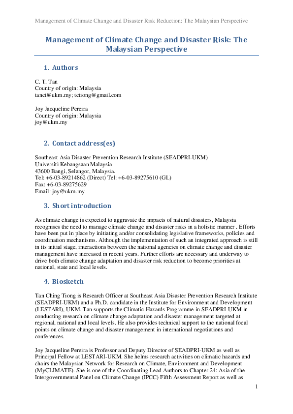 (PDF) Management of Climate Change and Disaster Risk Reduction: The ...