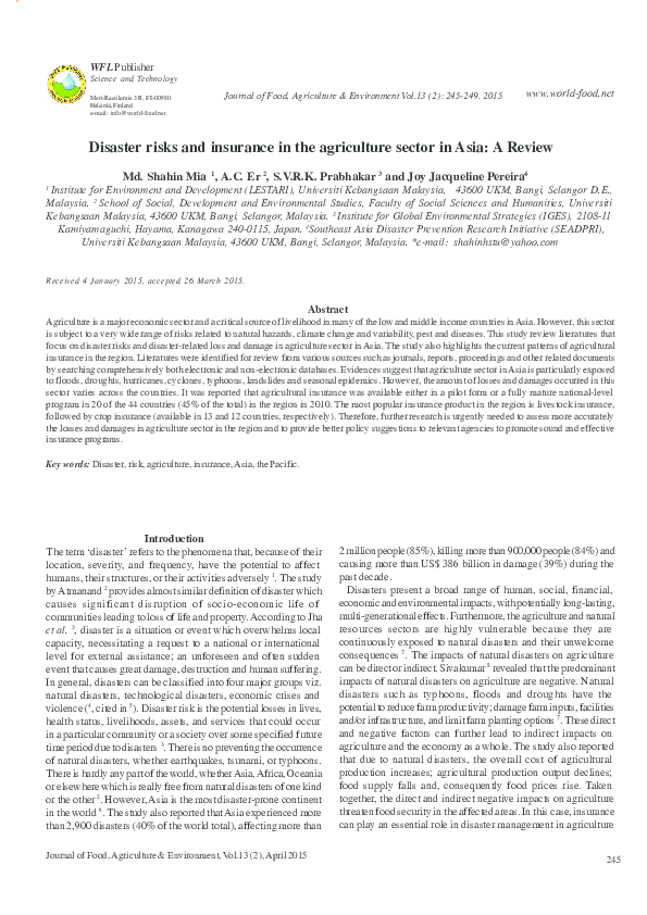 (PDF) Disaster risks and insurance in the agriculture sector in Asia: A ...