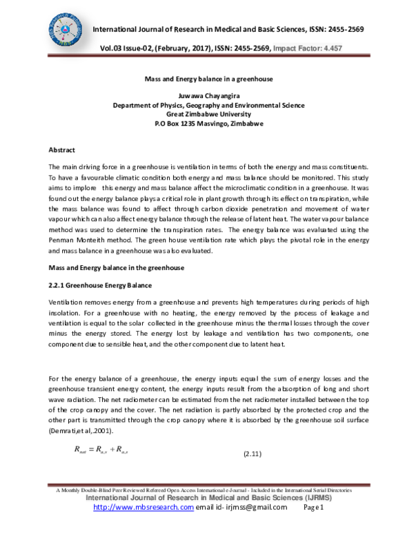(PDF) Mass and Energy balance in a greenhouse