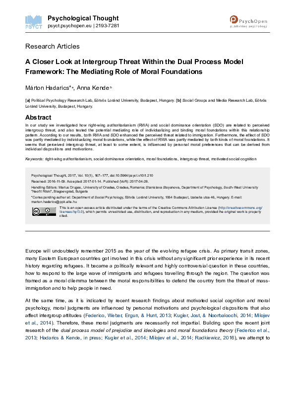 (PDF) A Closer Look at Intergroup Threat Within the Dual Process Model ...