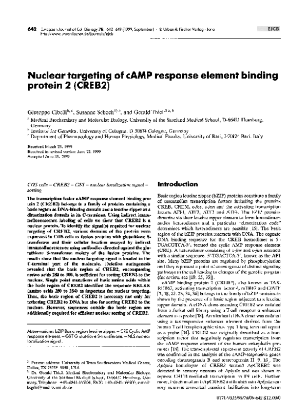 (PDF) Nuclear targeting of cAMP response element binding protein 2 (CREB2)