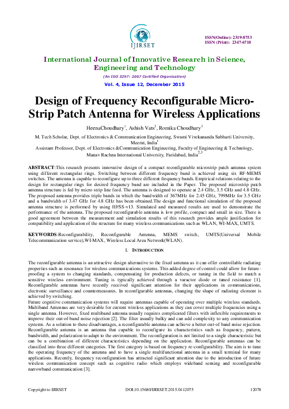 (PDF) Design of Frequency Reconfigurable Micro- Strip Patch Antenna for ...