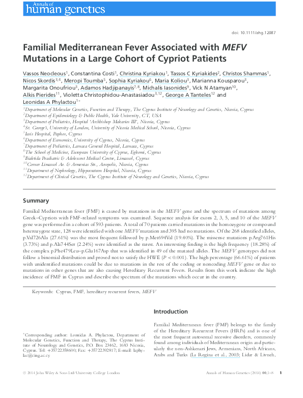 (PDF) MEFV Mutation Spectrum in Cypriot FMF Patients