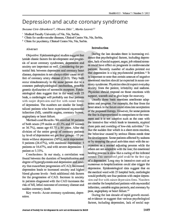 Pdf Depression And Acute Coronary Syndrome Olivera Zikic Academia Edu