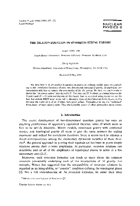 (PDF) The dilaton equation in semirigid string theory