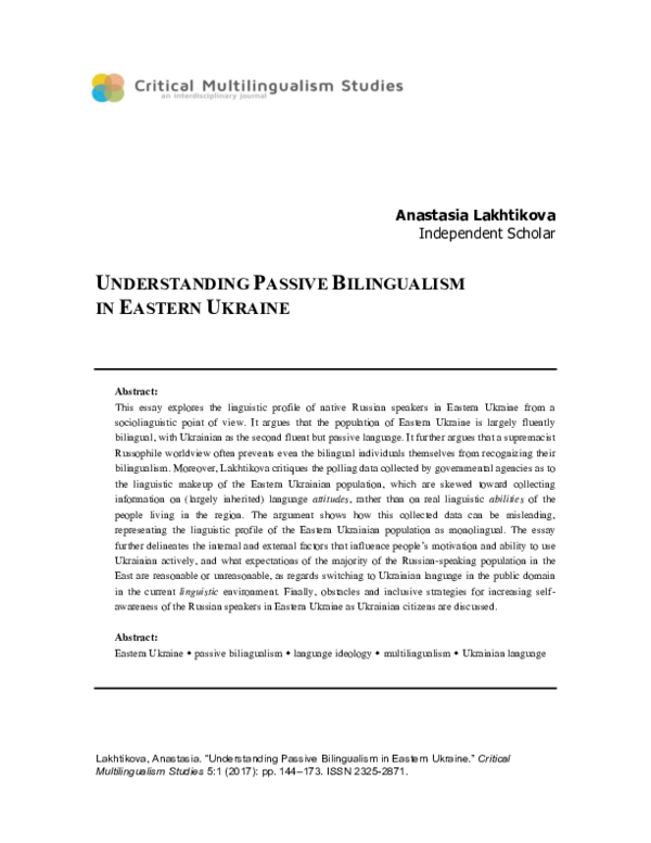 (PDF) UNDERSTANDING PASSIVE BILINGUALISM IN EASTERN UKRAINE Anastasia