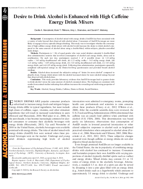 (PDF) Desire to Drink Alcohol is Enhanced with High Caffeine Energy