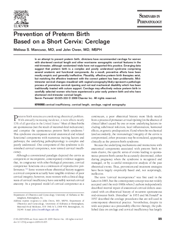 (PDF) Prevention of Preterm Birth Based on a Short Cervix Cerclage John Owen Academia.edu