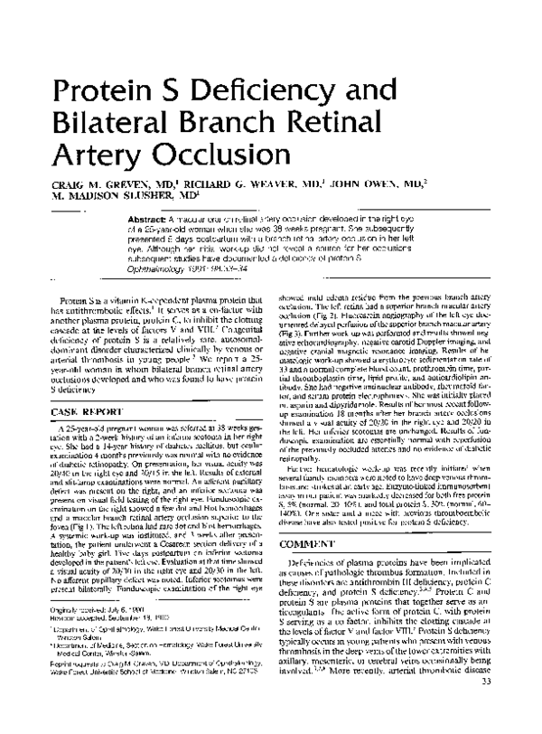 (PDF) Protein S deficiency and bilateral branch retinal artery