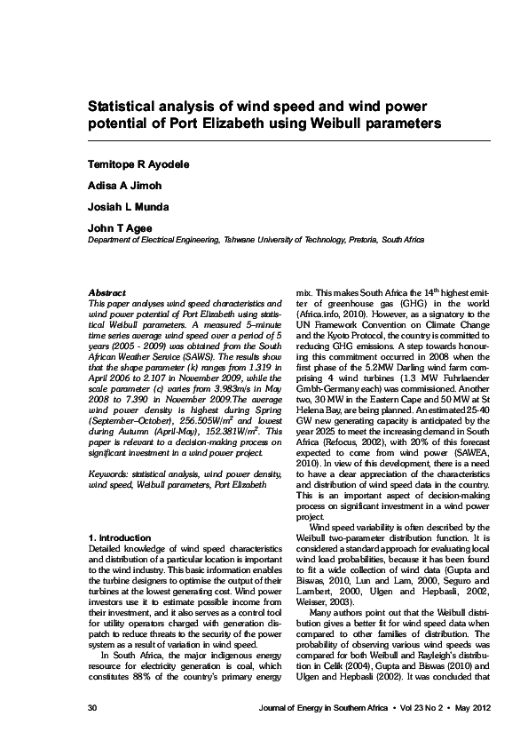(PDF) Statistical analysis of wind speed and wind power potential of ...