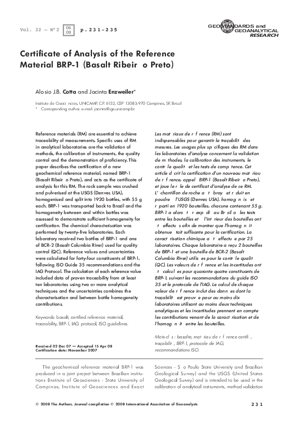 (PDF) Certificate of Analysis of the Reference Material BRP-1 (Basalt ...