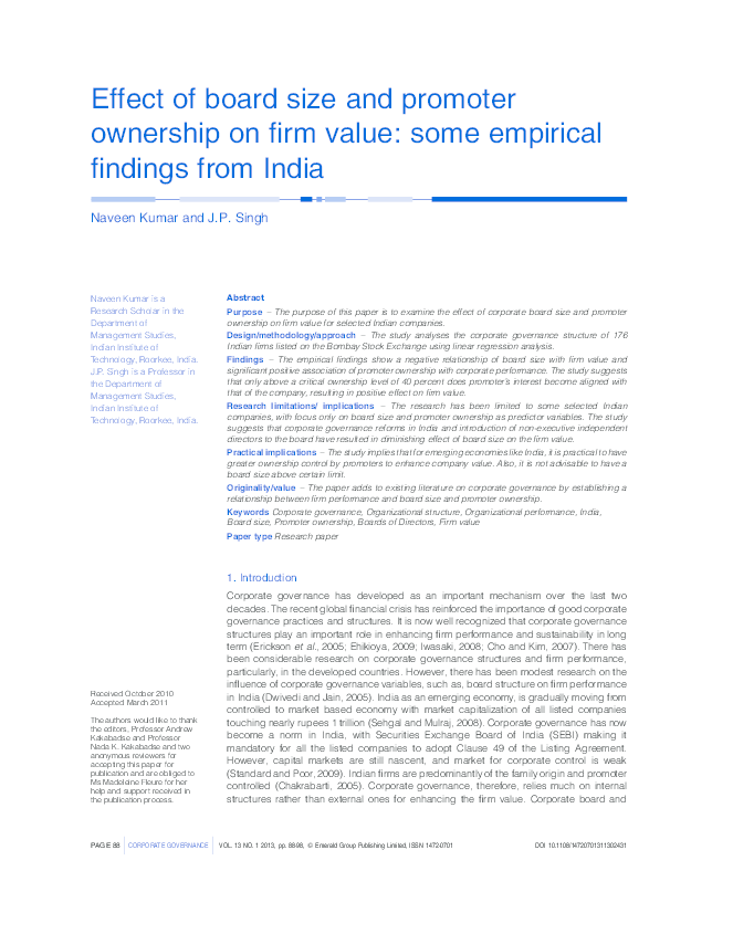 (PDF) Effect of board size and promoter ownership on firm value: some ...