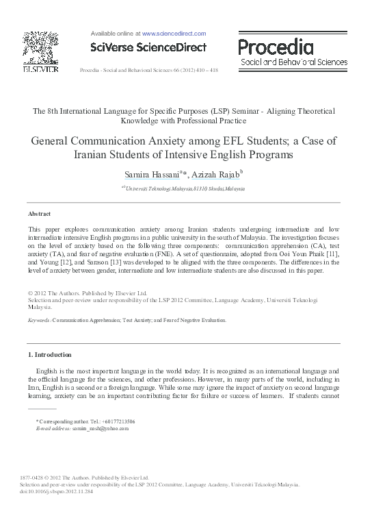 (PDF) General Communication Anxiety among EFL Students; A Case of ...