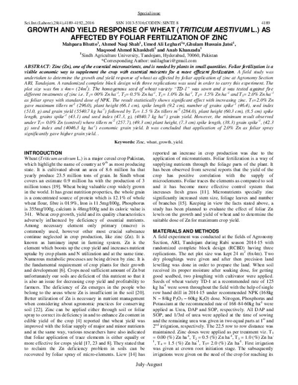 (PDF) GROWTH AND YIELD RESPONSE OF WHEAT (TRITICUM AESTIVUM L.) AS ...
