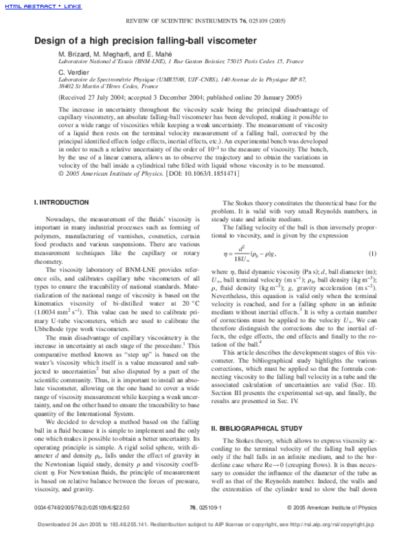 (PDF) Design of a high precision falling-ball viscometer