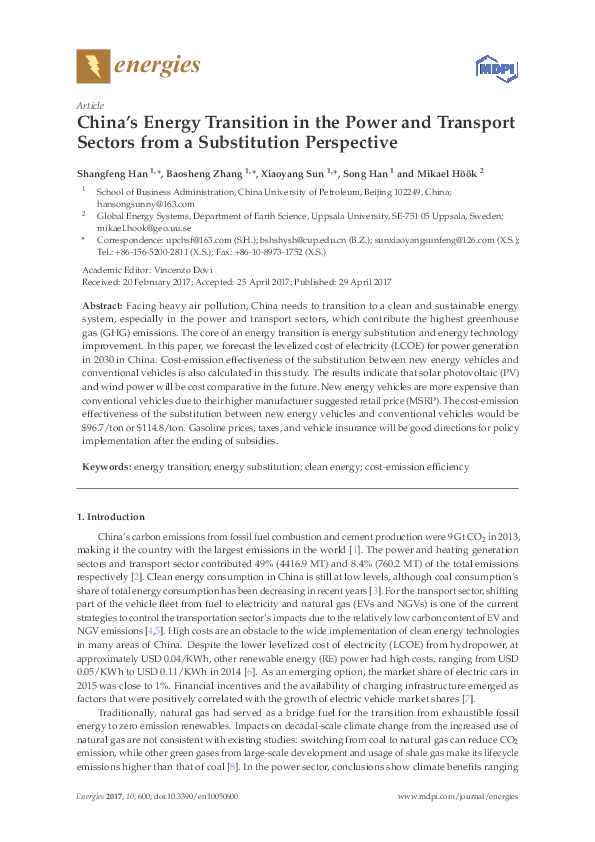(PDF) China's Energy Transition in the Power and Transport Sectors from ...