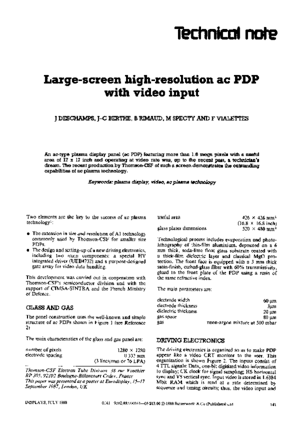 (PDF) Large-screen high-resolution ac PDP with video input