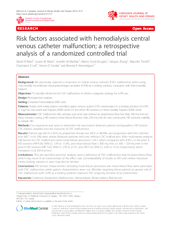 (PDF) Risk factors associated with hemodialysis central venous catheter