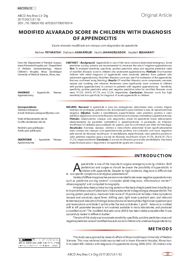 (PDF) MODIFIED ALVARADO SCORE IN CHILDREN WITH DIAGNOSIS OF APPENDICITIS