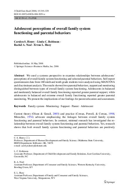 (PDF) Adolescent perceptions of overall family system functioning and ...