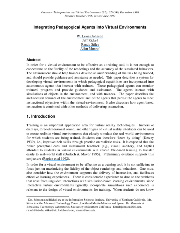 (PDF) Integrating Pedagogical Agents into Virtual Environments