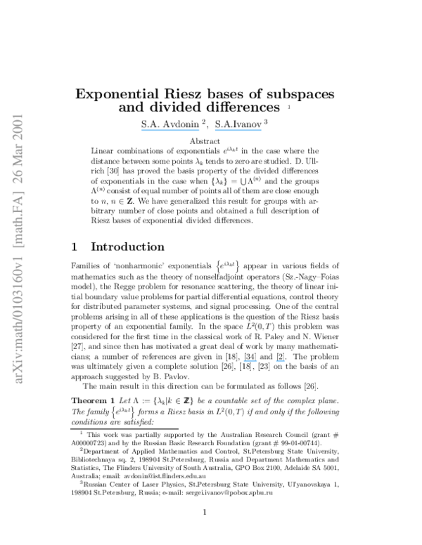 Pdf Exponential Riesz Bases Of Subspaces And Divided Differences