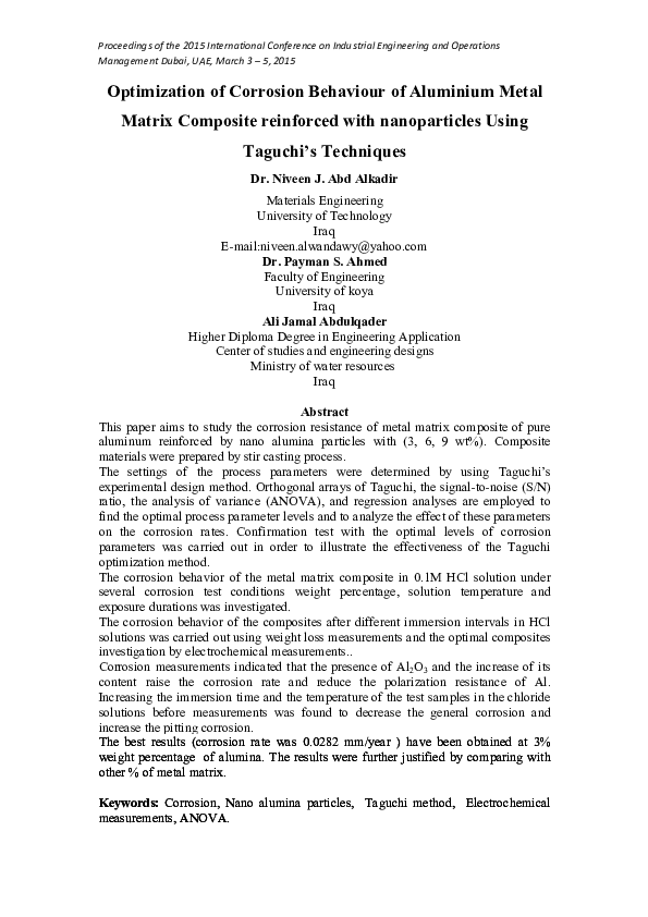 (PDF) Optimization of Corrosion Behaviour of Aluminium Metal Matrix ...