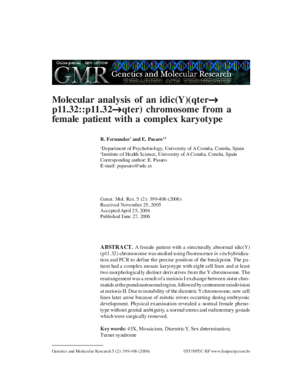(PDF) Turner syndrome and Y chromosome Molecular analysis of an idic(Y