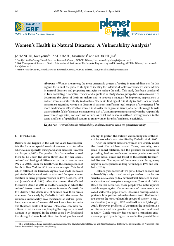 Pdf Women S Health In Natural Disasters A Vulnerability Analysis