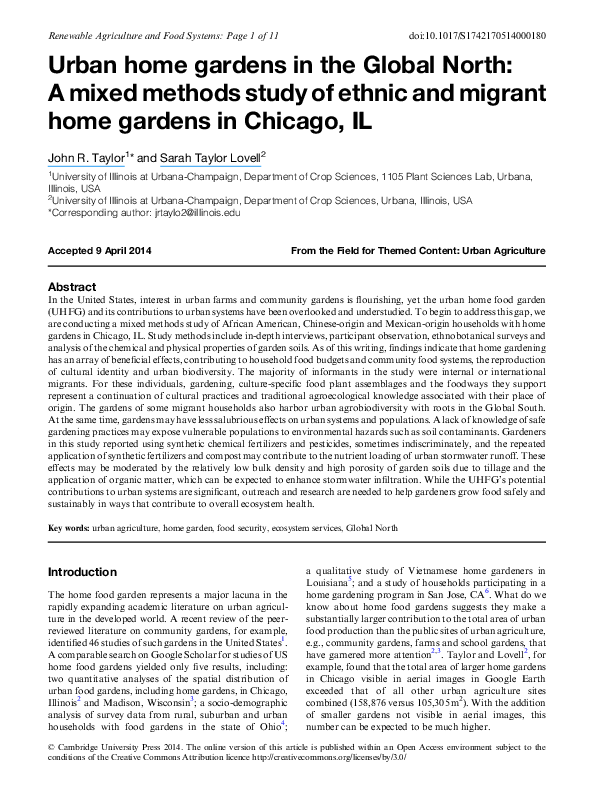First page of “Urban home gardens in the Global North: A mixed methods study of ethnic and migrant home gardens in Chicago, IL”