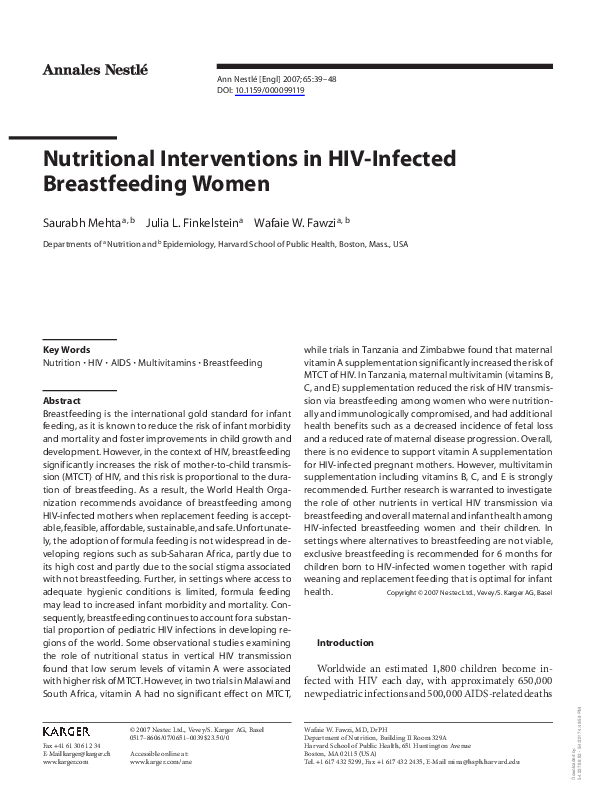 (PDF) Nutritional Interventions in HIVInfected Breastfeeding Women