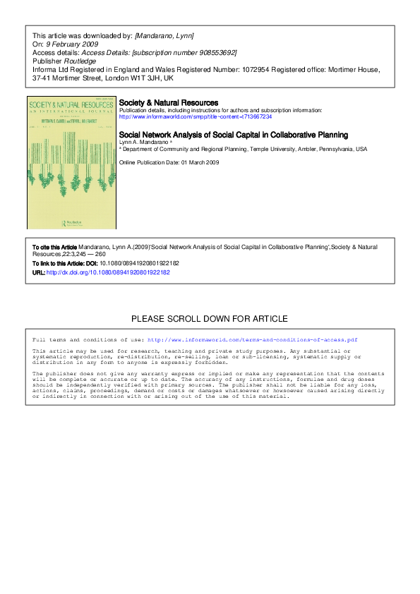 (PDF) Social Network Analysis of Social Capital in Collaborative Planning