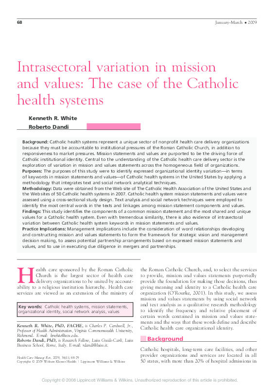 (PDF) Intrasectoral Variation In Mission and Values The Case of the