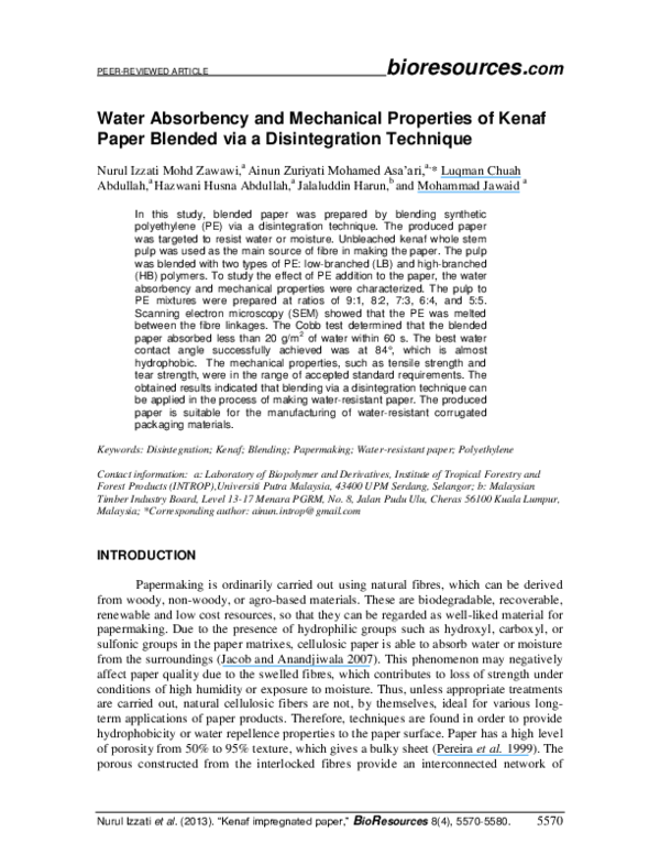 (PDF) Water Absorbency and Mechanical Properties of Kenaf Paper Blended ...