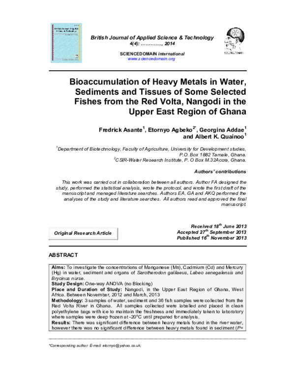 (PDF) Bioaccumulation of Heavy Metals in Water, Sediments and Tissues ...